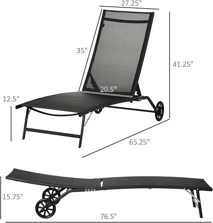 Outsunny Chaise Lounge Outdoor, 2 Piece Lounge Chair with Wheels, Tanning Chair with 5 Adjustable Positions for Patio - Photo 3
