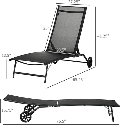 Outsunny Chaise Lounge Outdoor, 2 Piece Lounge Chair with Wheels, Tanning Chair with 5 Adjustable Positions for Patio, Beach, Yard, Pool, Black