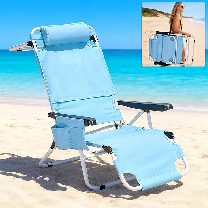 MOPHOTO Oversized Beach Lounge Chair, 5-Position Adjustable Tanning Chair with Face Hole, Heavy Duty Folding Chaise Lounge for Beach, Pool, Patio & Sunbathing