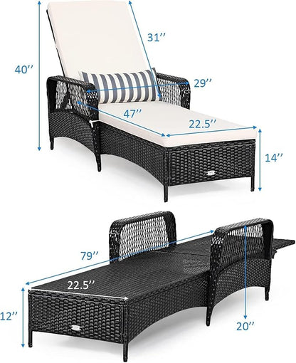 HAPPYGRILL Patio Chaise Lounge Chair Set of 2, Outdoor Rattan Wicker Recliner with Thick Cushion, Lumbar Pillow, Adjustable Backrest for Garden Porch Lawn Poolside