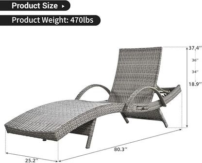 Yayzy 80'' Long Outdoor Wicker Chaise Lounge Chairs Set of 4, Patio Rattan Reclining Chair with Adjustable Backrest & Armrests, Durable PE Rattan Sunbathing Chairs for Pool, Garden, Backyard, Grey