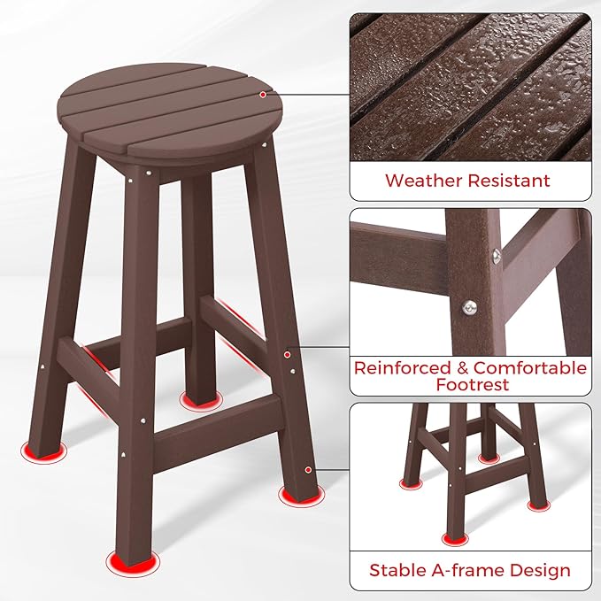 Costaelm 24" Height Outdoor Bar Stools, All-Weather Bar Stools, Adirondack Poly Patio Round Bar Stool for Patio, Deck, Kitchen Counter and Garden, Dark Brown