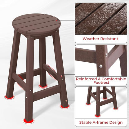 Costaelm 24" Height Outdoor Bar Stools, All-Weather Bar Stools, Adirondack Poly Patio Round Bar Stool for Patio, Deck, Kitchen Counter and Garden, Dark Brown