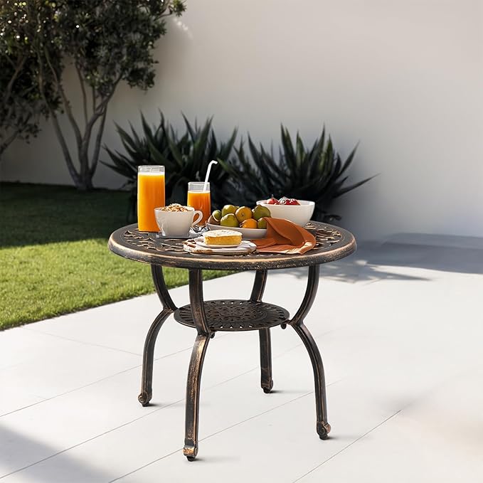 Outvita Patio Side Table, 23.6in Outdoor Round Cast Aluminum Bistro Table and Antique Design for Backyard Porch Pool Balcony Deck Bronze