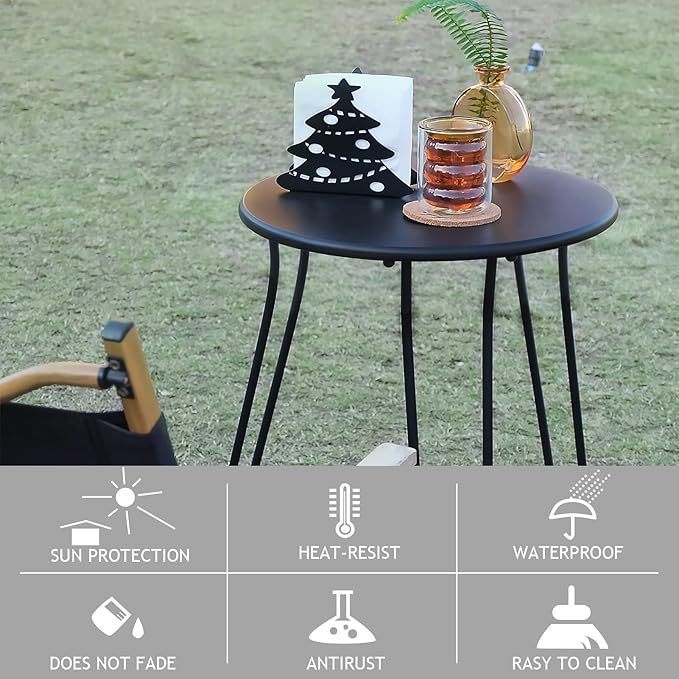 Small Patio Side Table, Weather Resistant Anti-Rust Outdoor Metal Patio Round End Table, Outdoor End Table for Garden, Porch, Balcony, Yard, (Black)