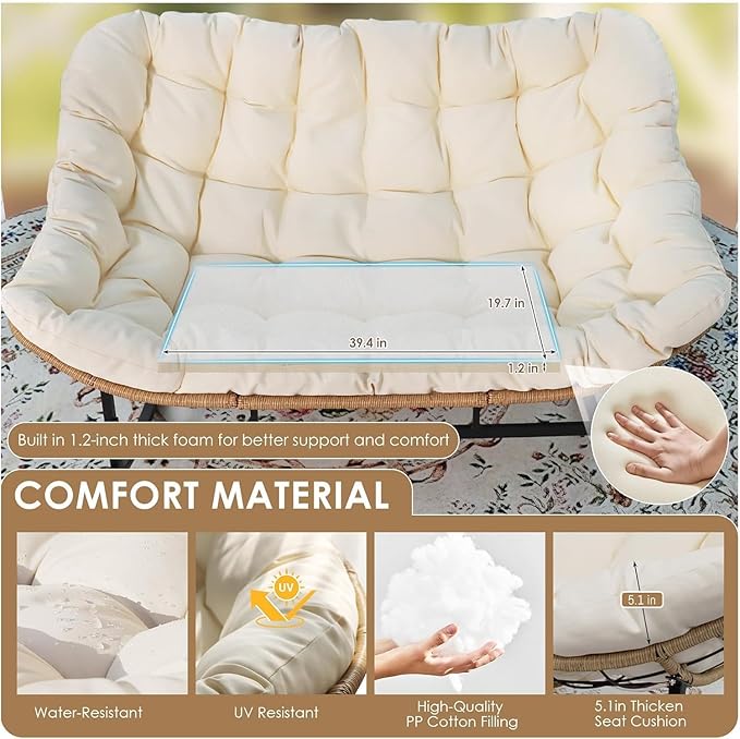 RADIATA Double Egg Rocking Chair for 2, Oversized Rattan Recliner Loveseat with Padded Cushion, Heavy Duty Comfy Large Papasan Rocker for Reading Outdoor Patio Balcony Backyard Indoor, Beige