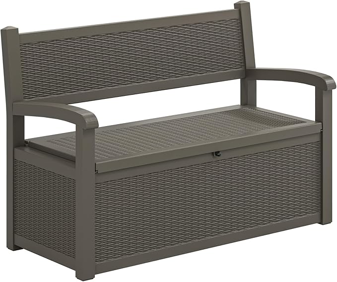 LHBcraft 70 Gallon Deck Bench with Storage,Outdoor Storage Box Bench Waterproof&Lockable, Resin Patio Furniture with Armrest for Patio, Porch, Garden,Grey