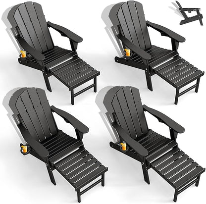 GREENVINES Adjustable Adirondack Chair with Retractable Ottoman Set of 4 | Folding | HDPE Plastic | Fire Pit Chairs w/Foot Rest | 2 Cup Holders | Black | for Outdoor Patio Poolside Deck