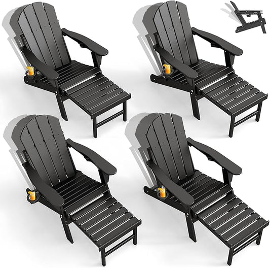 GREENVINES Adjustable Adirondack Chair with Retractable Ottoman Set of 4 | Folding | HDPE Plastic | Fire Pit Chairs w/Foot Rest | 2 Cup Holders | Black | for Outdoor Patio Poolside Deck
