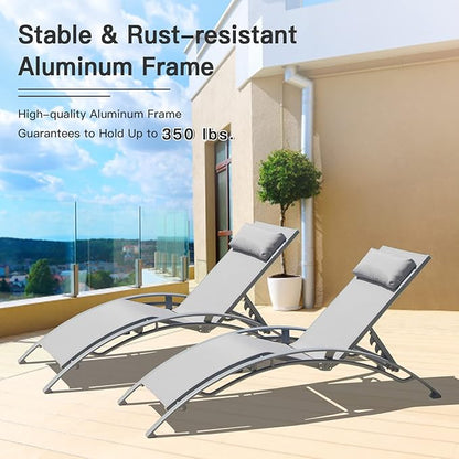 Domi Lounge Chair Set of 2, Aluminum Lounge Chairs for Outside with 5 Adjustable Positions, Chaise Lounge Outdoor for Pool, Garden, Beach, Camping, Backyard (Gray)