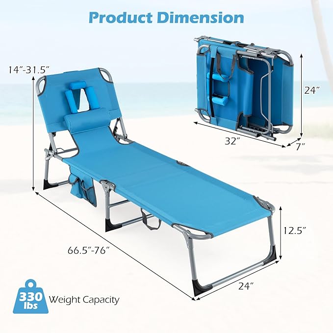 GYMAX Tanning Chair with Face Hole, Sun Bathing Lounge Chairs for Outside with Side Pocket, Folding Portable Face Down Layout Tanning Chair Beach, Backyard, Poolside, Lawn (Blue,1)