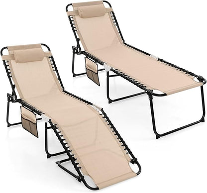 Goplus Chaise Lounge Chair Outdoor, Folding 5-Postion Beach Lounge Chair with Detachable Pillow, Side Pocket, Sunbathing Lounger, Adjustable Tanning Chair for Patio Lawn Pool Yard