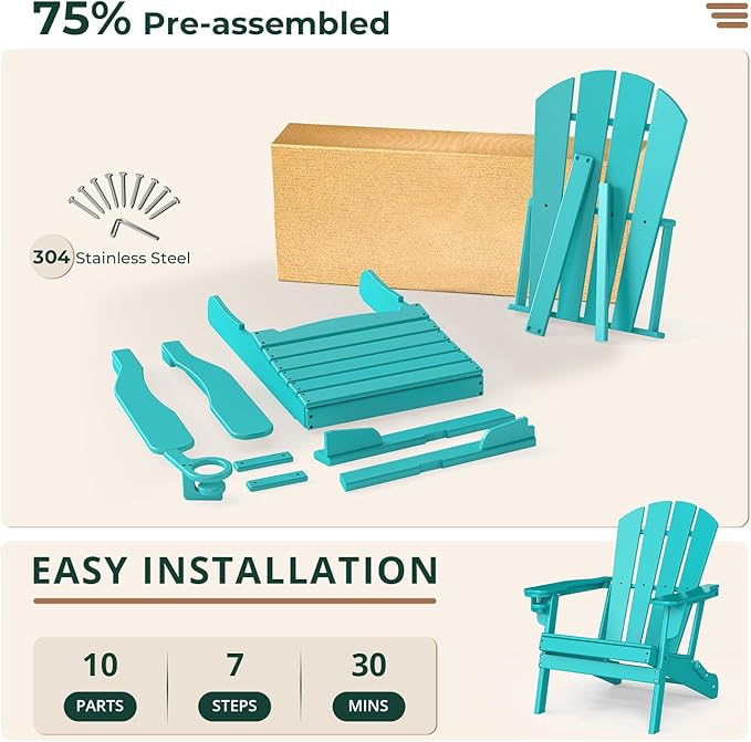 BRIOPAWS Folding-Adirondack-Chairs Set of 6 | HDPE Plastic | Fire Pit Chair | Cup Holder | Curved Back | All Weather | for Outdoor Backyard Deck Patio | Aqua