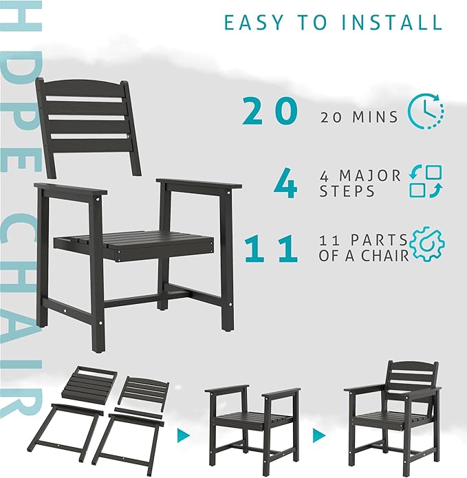 Anbuy Patio HDPE Dining Table Sets, Patio Dining Chairs Set of 2 - HDPE Outdoor Dining Chair for Various Scenes in Outdoor, Dining Room, Garden (Black)