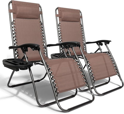 Bonnlo Zero Gravity Chairs Set of 2 Patio Folding Lounge Chairs Outdoor Recliners with Pillow and Cup Holder Adjustable Reclining Lawn Chair for Deck,Patio,Beach,Yard(Brown)