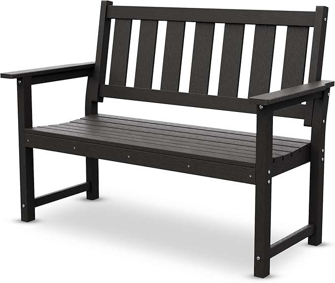 HDPE Outdoor Bench – 50'' Weatherproof Durable Garden Bench, 2-Person Park Bench, Multi-Purpose Design Ideal for Porch, Patio, Church, and School (Black)