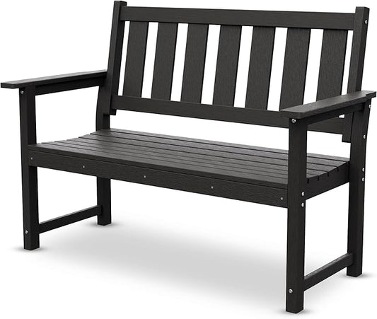 HDPE Outdoor Bench – 50'' Weatherproof Durable Garden Bench, 2-Person Park Bench, Multi-Purpose Design Ideal for Porch, Patio, Church, and School (Black)