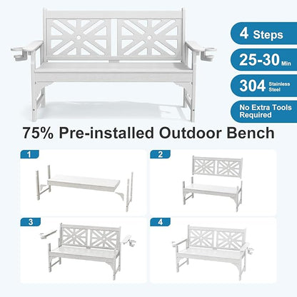 Oversized Outdoor Bench Set of 2, 51.5” HDPE Aesthetic Garden Bench with Cup Holders, Memorial Benches - Easy Assembly & All Weather, for Porch & Patio, 800lbs Load Capacity (White)
