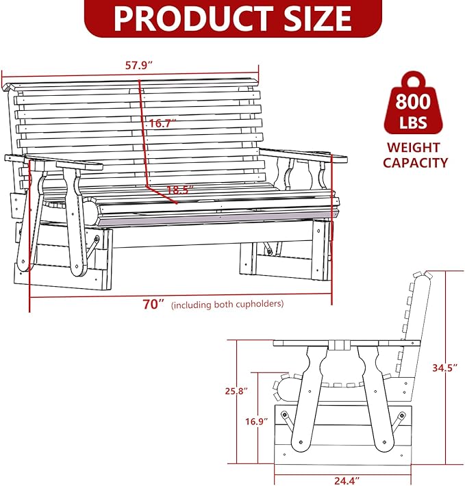 3-Seater Outdoor Glider Chair, 5FT Wood Porch Glider with High Roll Back, Cupholders and Deep Contoured for Porch - Photo 2