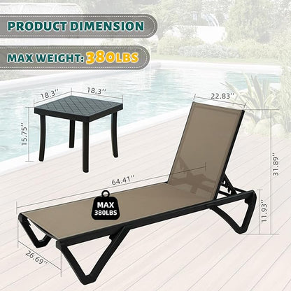Domi Patio Lounge Chairs Set of 3, Aluminum Pool Chaise Lounge with Side Table,5 Position Adjustable Backrest and Wheels, Lounge Chairs for Pool, Garden, Beach, Backyard, Khaki