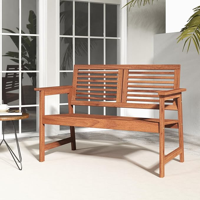 Tangkula Outdoor Bench with Cushion, 2-Person Patio Bench with Slatted Back & Seat, Removable Cushion, Conversation Loveseat Chair for Porch Lawn Garden Backyard Balcony (Off White)