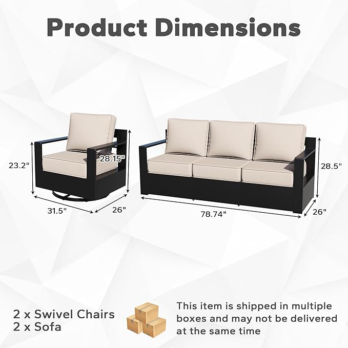 Outdoor Aluminum Furniture Set, 4-Piece Patio Conversation Set, 2 Swivel Chairs and 2 Sofa, All-Weather Metal Frame - Photo 2