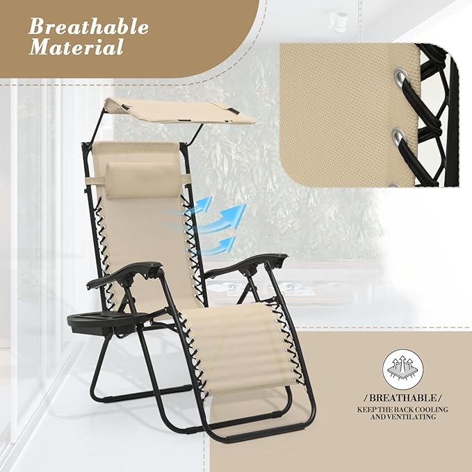 Athena Collection Patio Chairs Set of 2 Reclining Lounge Chair with Cup Holder and Pillow Fabric Camping Chairs with Canopy Foldable Beach Chairs for Garden, Park, Deck, Yard, Poolside, Cream