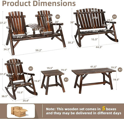 5-Piece Outdoor Wood Log Rocking Conversation Set, Patio Adirondack Furniture Set Including 2-Seater Loveseat, Garden Bench & Built-in Table, 2 Coffee Table, Log Rocker Chair, Carbonized