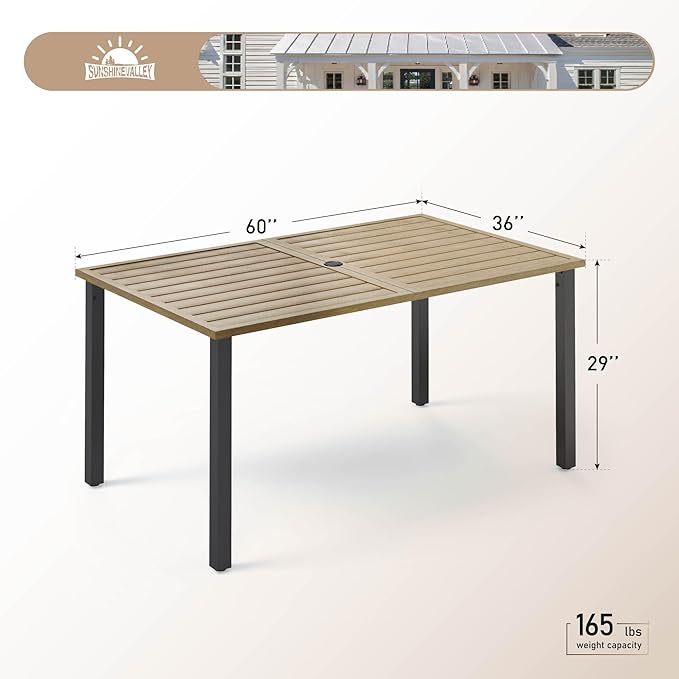 60" Patio Dining Table for 6, Teak Color Rectangle Patio Table with Umbrella Hole - Photo 7