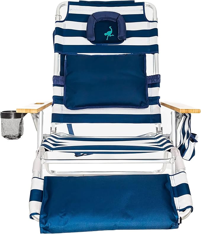 Ostrich the Deluxe 3N1 Lightweight Lawn Beach Reclining Lounge Chair with Footrest, Outdoor Furniture for Patio, Balcony, Backyard, or Porch, Blue Stripe