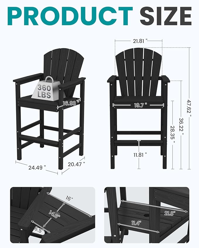 SERWALL Tall Adirondack Chairs Set of 4 with Double Layer Connecting Tray, HDPE Bar Height Outdoor Chairs - Photo 2