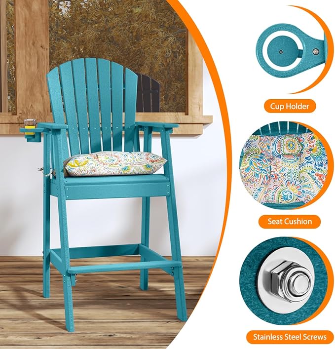 Sundale Outdoor Adirondack Bar Stool, Patio HDPE Bar Chair with Backrest, 30 Inch Seat Height Tall Bistro Dining Counter Stool with Cushion, All-Weather Pub Height Chair