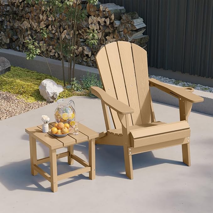 Folding Adirondack Chairs with Cup Holders, Set of 6 HDPE Plastic Outdoor Chairs, Weather Resistant, Real Wood Look, Heavy-Duty Patio Furniture for Deck, Fire Pit, Backyard, Brown