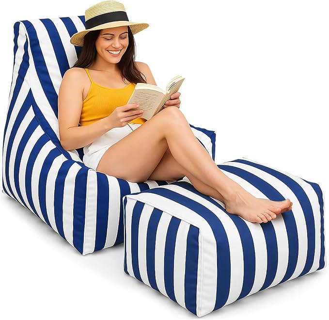 Outdoor Bean Bag Chair with Ottoman, Large Patio Lounge Chair for Adults, Thick Filled Lounger for Pool, Deck - Photo 1