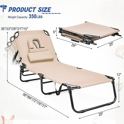 HAPPYGRILL 2PCS Foldable Chaise Lounge Chair with Face Hole & Detachable Pillows, Portable Sunbathing Tanning Chair with 5 Adjustable Positions, Outdoor & Indoor Beach Recliner for Camping Patio