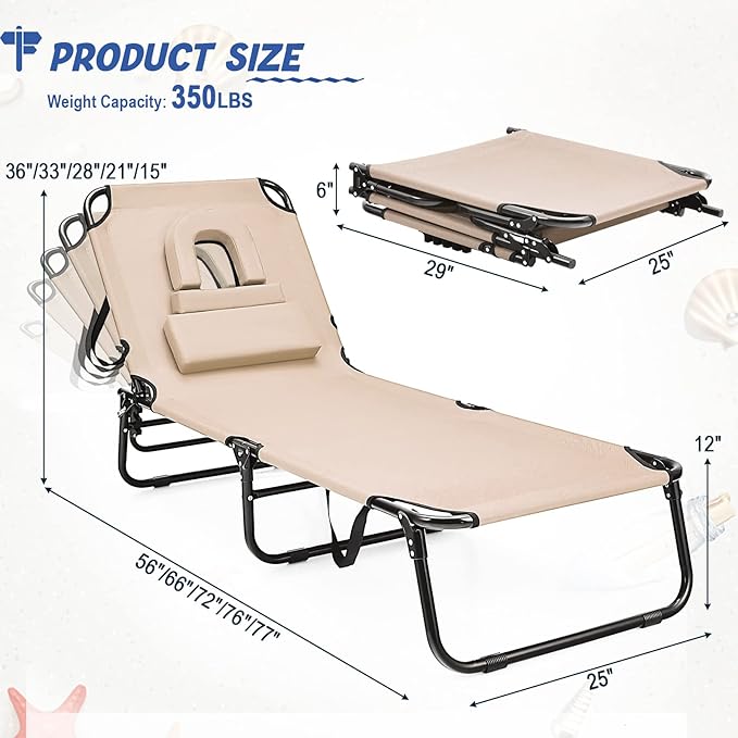 HAPPYGRILL Foldable Chaise Lounge Chair with Face Hole & Detachable Pillows, Portable Sunbathing Tanning Chair with 5 Adjustable Positions, Outdoor & Indoor Beach Recliner for Beach Camping Patio