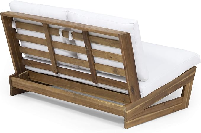 Great Deal Furniture Kaitlyn Outdoor Acacia Wood Loveseat with Cushions, Teak and White - Photo 5
