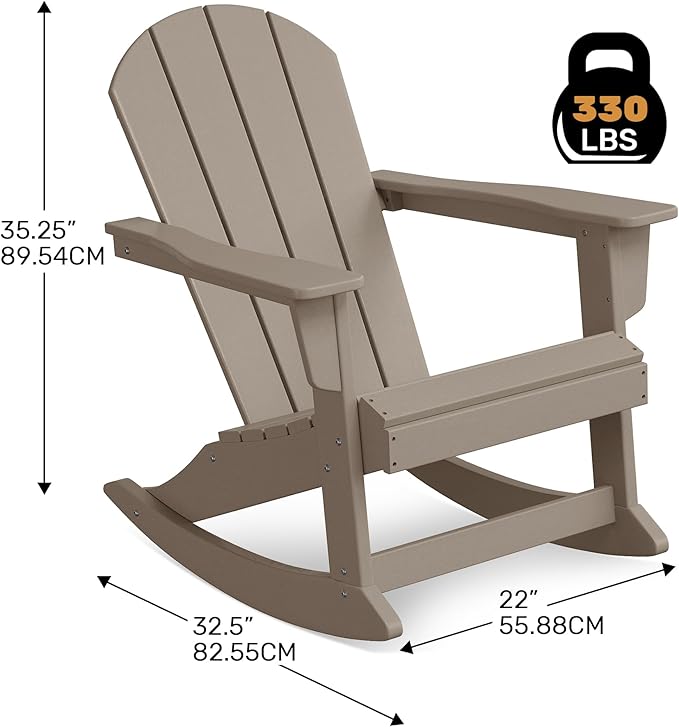 Costaelm Outdoor Adirondack Chair, All Weather Resistant Classic Balcony Chair and Fire Pit Chairs, Plastic Outdoor Porch Furniture Rocking Chair High Back HDPE Poly Lumber, Weathered Wood