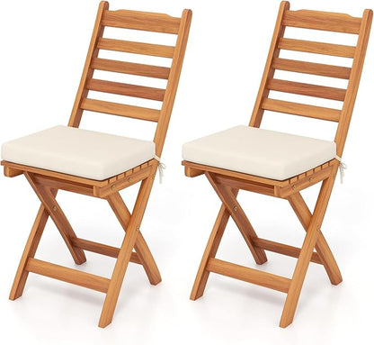 HAPPYGRILL Folding Patio Chairs Set Acacia Wood Outdoor Dining Chairs with Slatted Backrests and Soft Seat Cushions for Porch, Backyard and Garden, 400 LBS Weight Capacity (2,Back Style A)