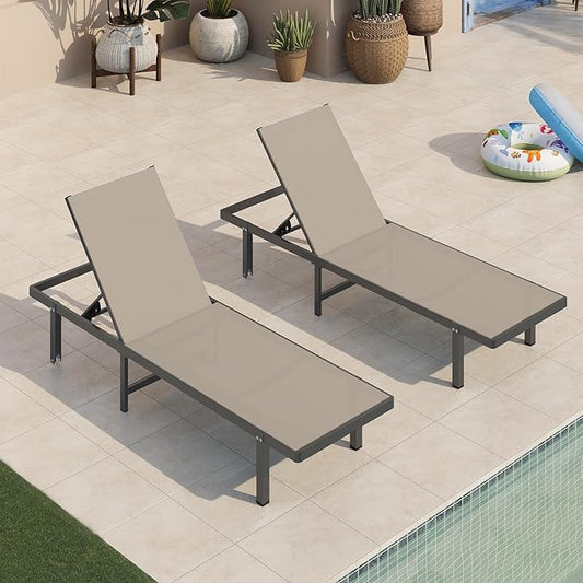 Aluminum Outdoor Lounge Chairs Set of 2, Pool Lounge Chairs with Wheels and 5-Position Recliner -Easy to Move- Patio Chaise Lounge Outdoor for Poolside, Deck, Beach (Khaki)