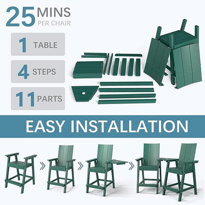 Tall Adirondack Chair Set of 2, HDPE Balcony Chairs with Connecting Tray, Two Cup Holders, All-Weather Adirondack Bar Stools for Patio, Balcony, Backyard, Poolside, Dark Green