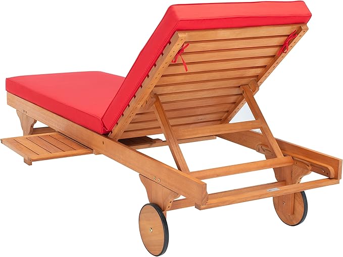 SAFAVIEH Outdoor Collection Newport Natural/ Red Cushion Built-in Side Table Adjustable Chaise Lounge Chair