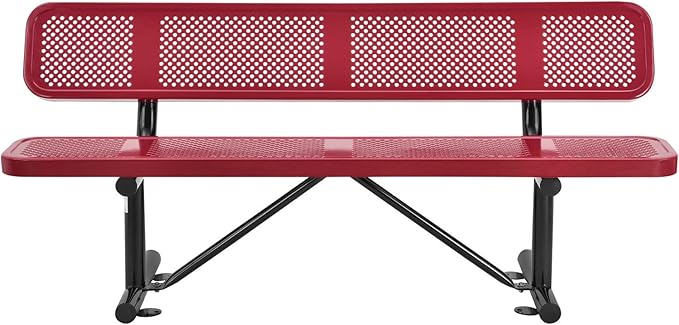 Global Industrial 6'L Heavy Duty Outdoor Steel Picnic Bench with Backrest, Perforated Metal, Portable Outdoor Bench, 1000 lbs Capacity, Red, 72" L x 24" W x 33" H
