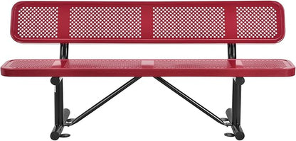 Global Industrial 6'L Heavy Duty Outdoor Steel Picnic Bench with Backrest, Perforated Metal, Portable Outdoor Bench, 1000 lbs Capacity, Red, 72" L x 24" W x 33" H