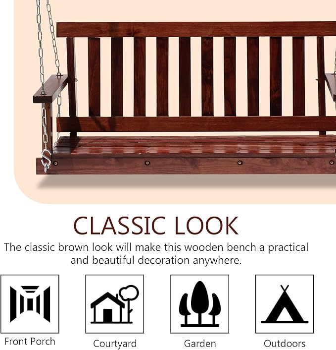 PayLessHere 4FT Wooden Porch Swing Heavy Duty Outdoor Swing Bench for Adults, 800lb Weight Capacity with Hanging Chains & Fixing Screws for Patio, Garden, Backyard, Balcony Furniture(Brown)