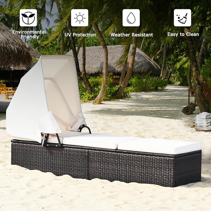 COSTWAY Patio Rattan Lounge Chair Chaise Cushioned Top Canopy Adjustable W/Tea Table - Photo 6