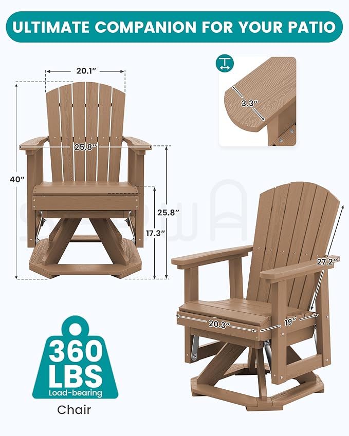 SERWALL Adirondack Swivel Glider, HDPE Glider for Outdoor, All-Weather Glider Rocking Chair for Porch, Balcony, Brown - Photo 3