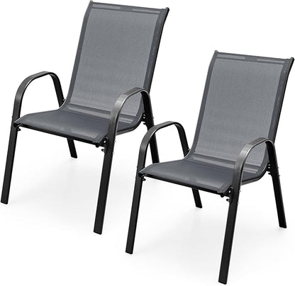 COSTWAY Patio Dining Chairs Set of 2, Stackable Outdoor Chairs with Armrest and High Back, Breathable Fabric & Metal Frame Chair for Garden Poolside Backyard Deck (Grey)