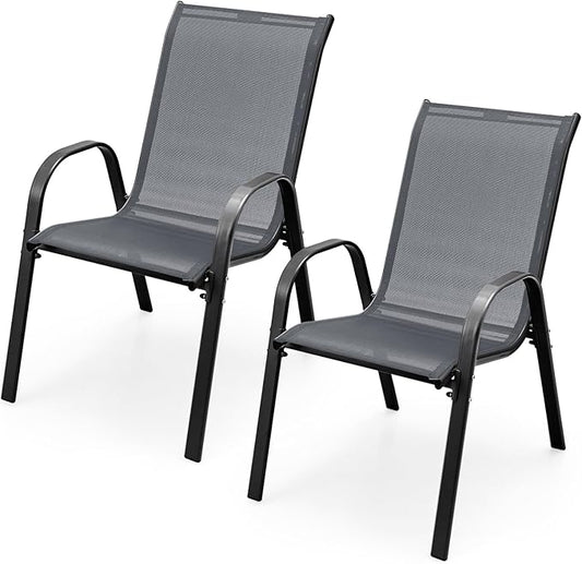 COSTWAY Patio Dining Chairs Set of 2, Stackable Outdoor Chairs with Armrest and High Back, Breathable Fabric & Metal Frame Chair for Garden Poolside Backyard Deck (Grey)