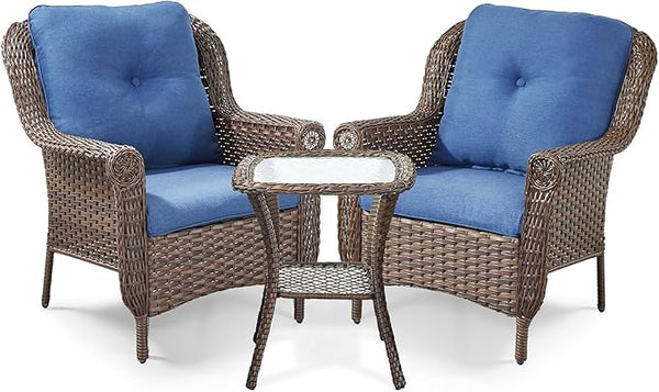 3 Piece Patio Brown Wicker Chairs with Side Table - Outdoor High Back Heavy Duty All-Weather Lawn Dining Rattan Chair - Photo 1